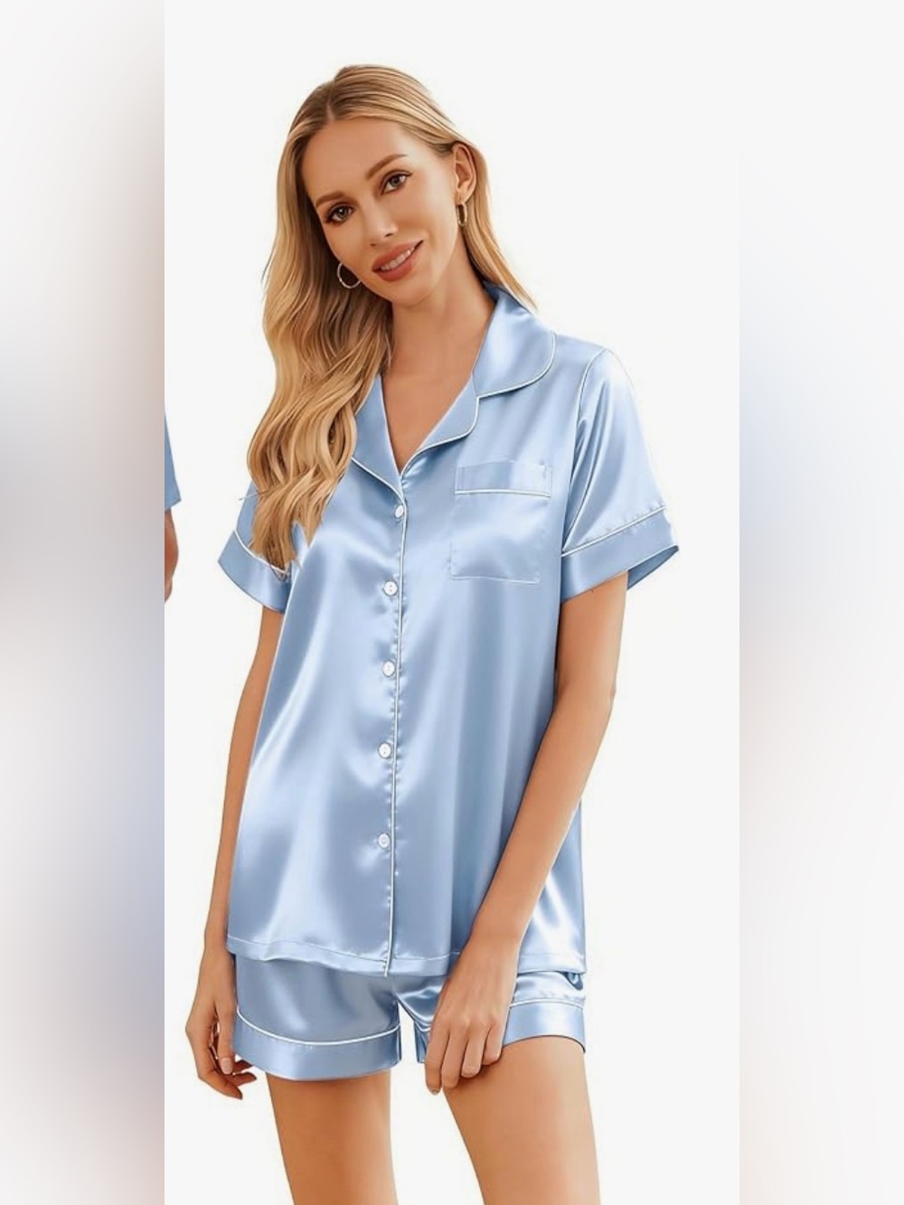 Satin Short-Sleeve Button-Front Pajama Top - Light Blue